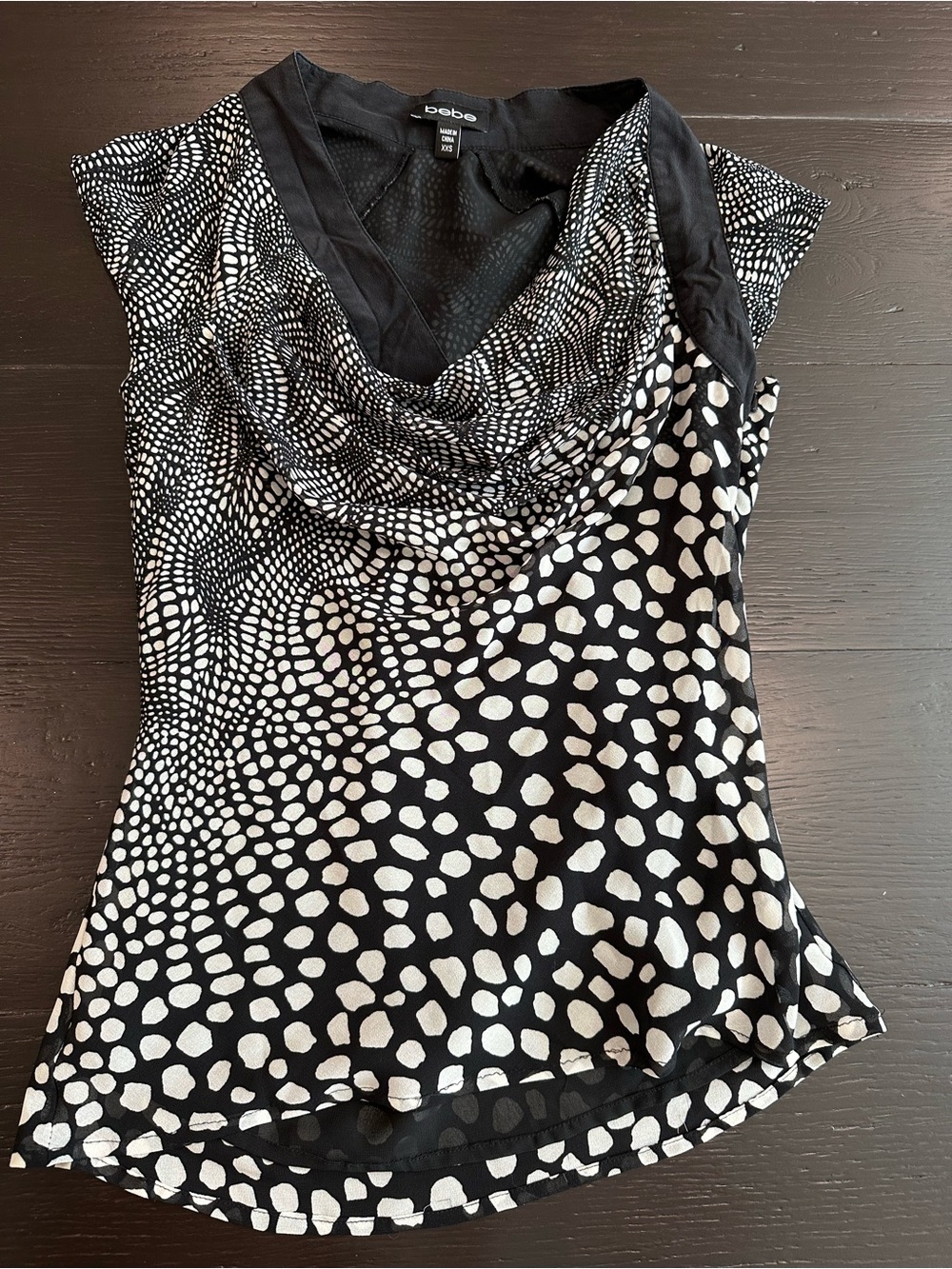 bebe Black and White Draped Cowl Neck Top